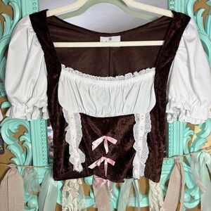 In Character Costumes Brown Velvet Women’s Milkmaid Top Upcycle White Pink Lace